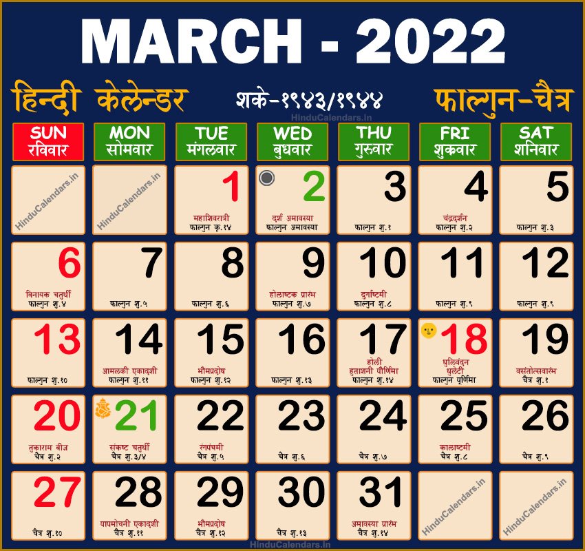Hindu Calendar March 2022
