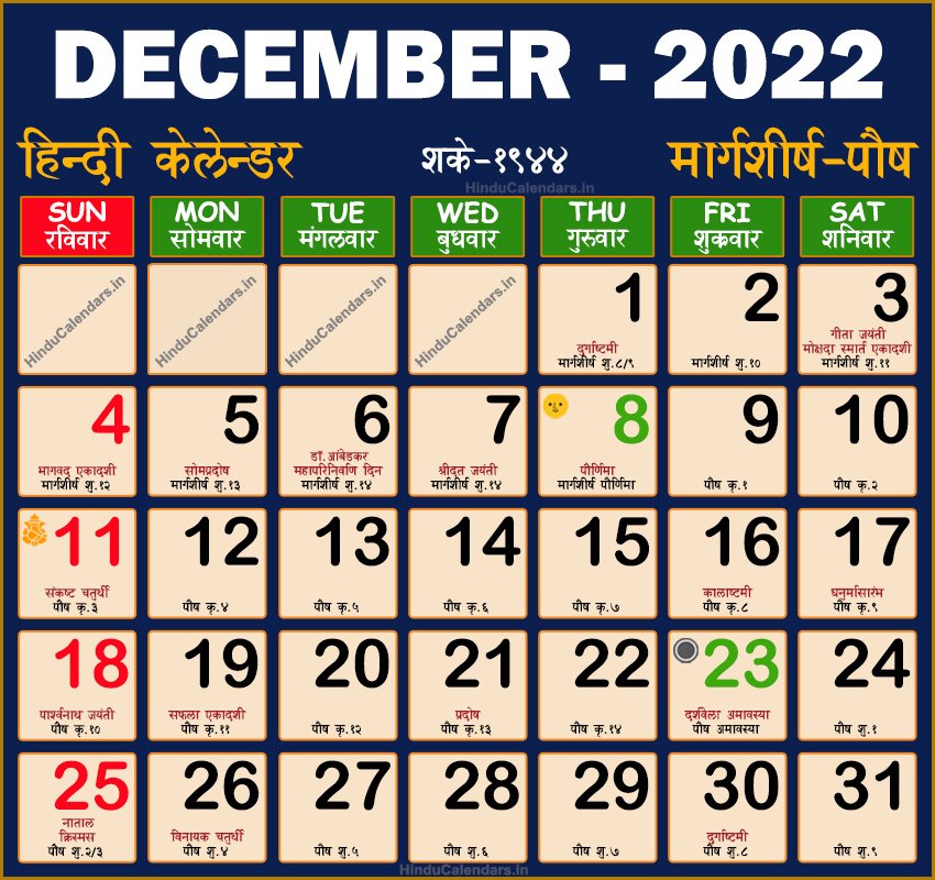 Hindu Calendar 2022 December